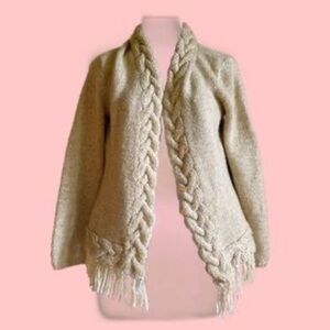 INC Size M Beige Silver Metallic Wool Knit Fringe Open Front Cardigan‎ Sweater